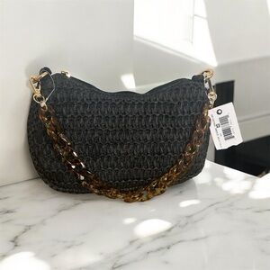 Chic Black Woven Shoulder Bag with Chain